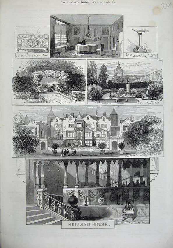 Original Old Antique Print 1872 Holland House Staircase Addisons Writing Desk