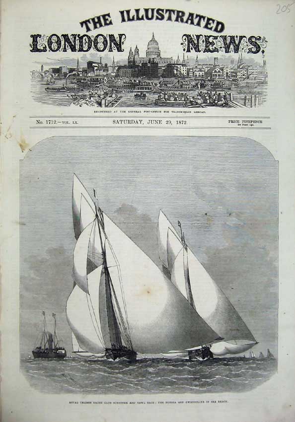 Old Antique Print Royal Thames Yacht Club Schooner Egeria Gwendoline 1872 19th