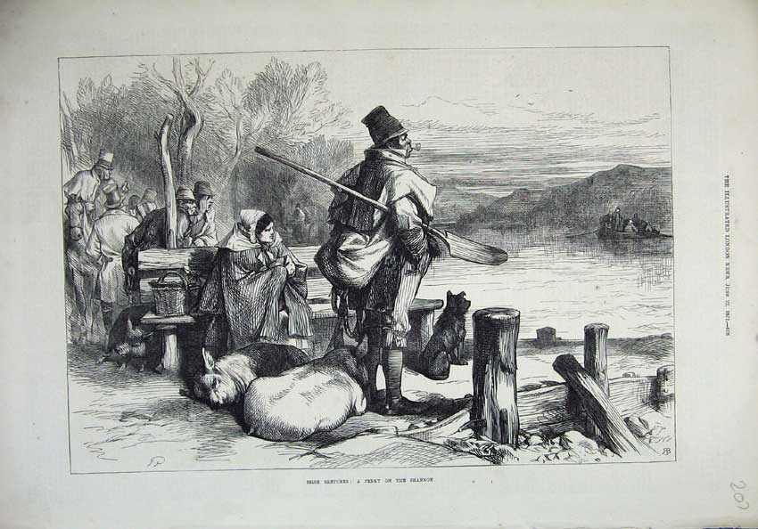 Old Antique Print 1872 Ireland Sketches Ferry River Shannon Boat Pigs Man 19th