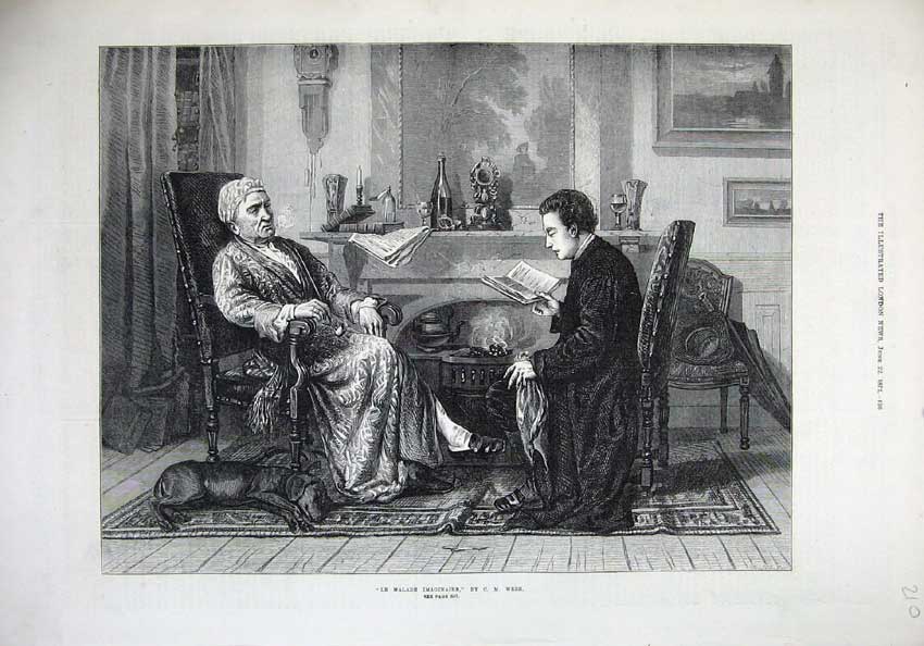 Original Old Antique Print 1872 Man Reading Book Dog Malade Imaginaire Webb