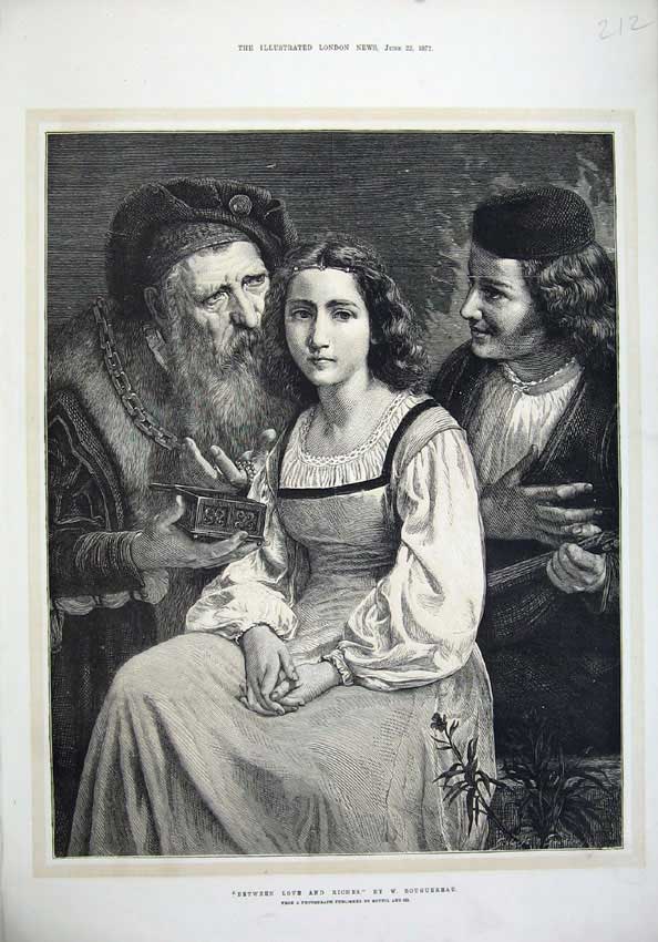 Original Old Antique Print 1872 Fine Art Men Women Romance Rivals Bouguereau