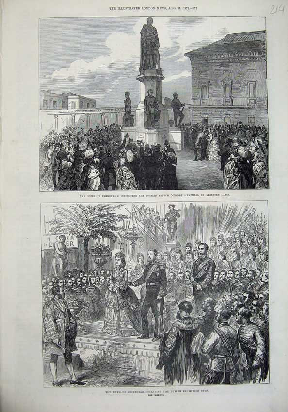 Old Antique Print Duke Edinburgh Dublin Consort Statue 1872 Leinster Art 19th