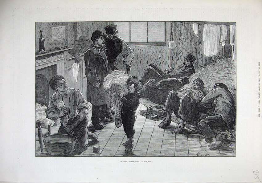 Original Old Antique Print 1872 French Communists London Men Children Fine Art