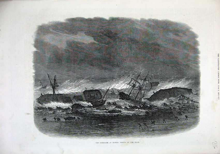 Old Antique Print 1872 Hurricane Madras Ship Wrecks Beach Night Storm Art 19th