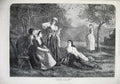 Original Old Antique Print 1872 Fine Art Love Spell Young Women Orchard Tree
