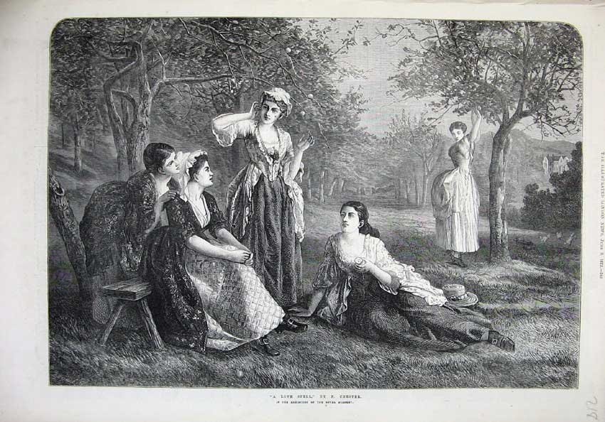 Original Old Antique Print 1872 Fine Art Love Spell Young Women Orchard Tree
