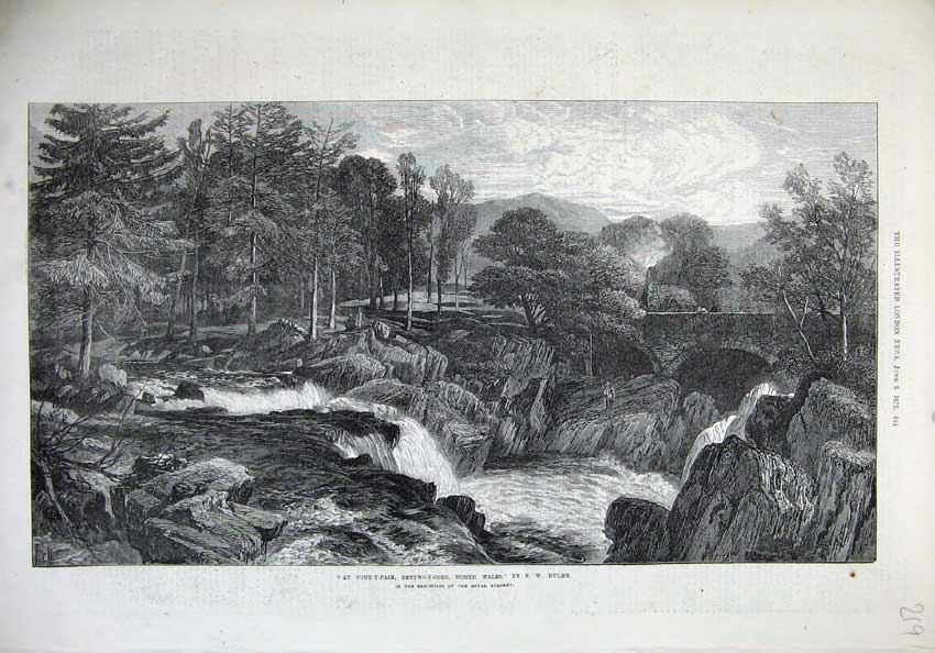 Original Old Antique Print 1872 Pont-Y-Pair Bettws-Y-Coed Wales Waterfall River