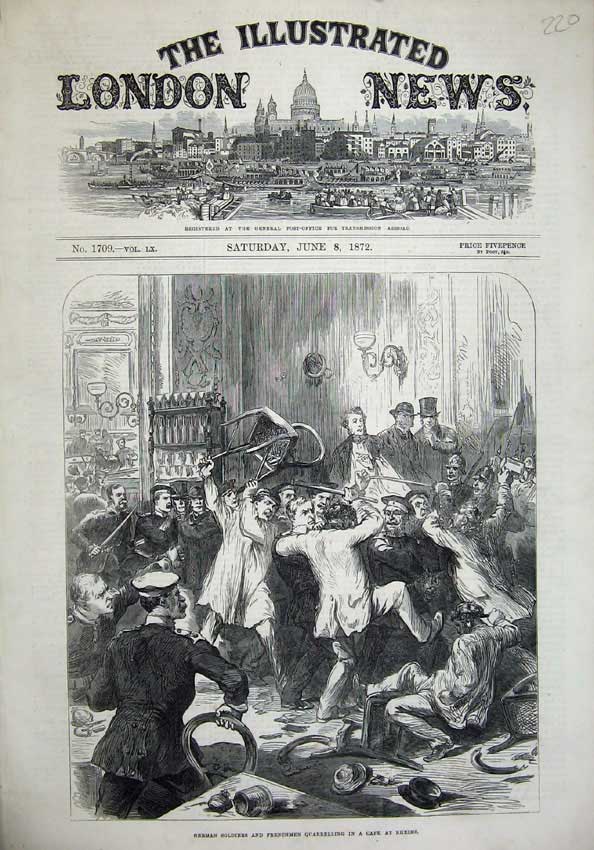 Original Old Antique Print 1872 German Siers Frenchmen CafÔøΩ Rheims Fighting Art