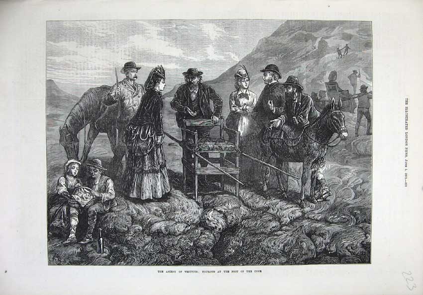 Old Antique Print Fine Art 1872 Ascent Vesuvius Tourists Foot Cone Horse 19th