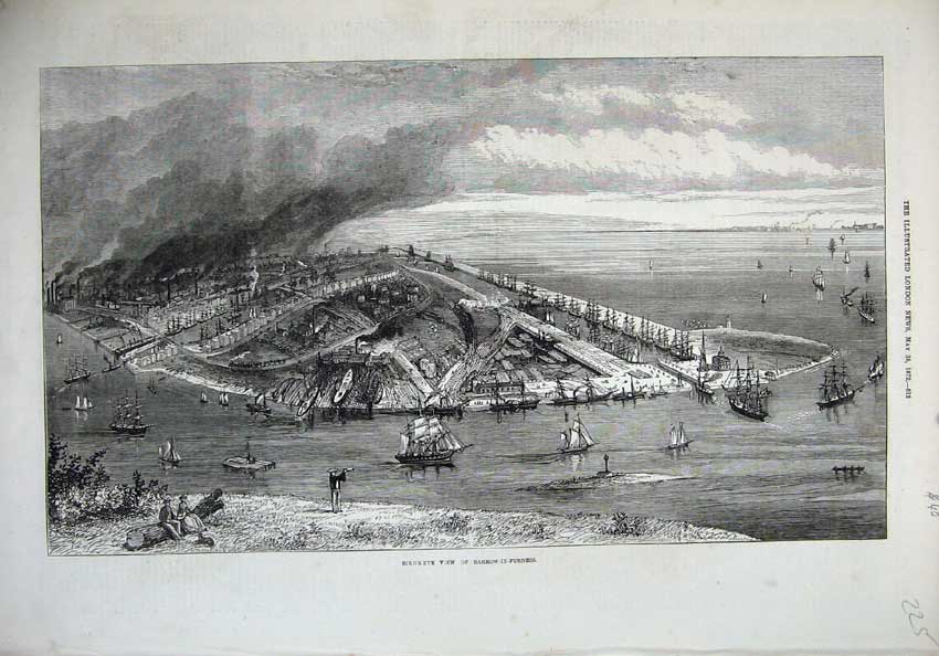 Old Antique Print 1872 View Barrow-In-Furness Ships Smoking Chimneys Art 19th