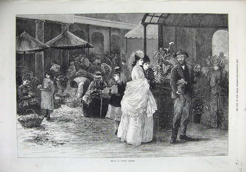 Old Antique Print 1872 Fine Art Spring Covent Garden Flower Seller Basket 19th