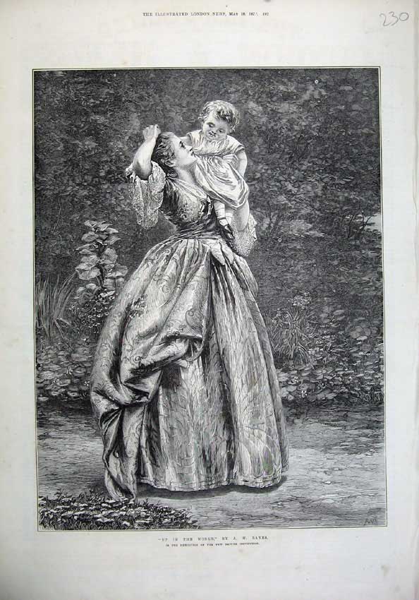 Original Old Antique Print 1872 Fine Art Young Mother Baby Girl Garden Bayes
