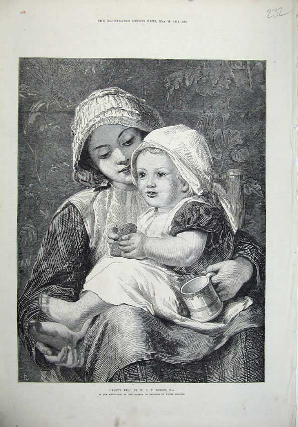 Old Antique Print 1872 Baby'S Tea Dobson Young Mother Little Girl Cup Art 19th