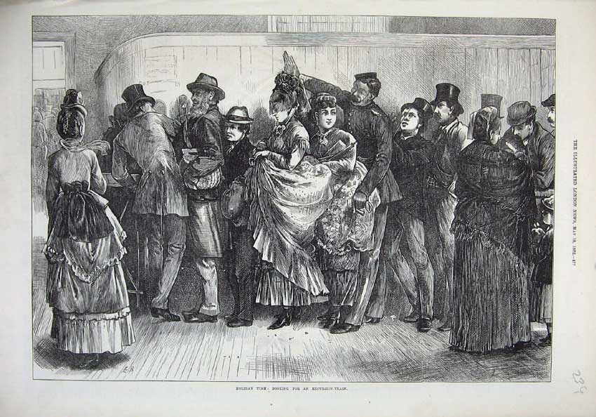 Old Antique Print 1872 Holidays Booking Excursion Train Families Fine Art 19th