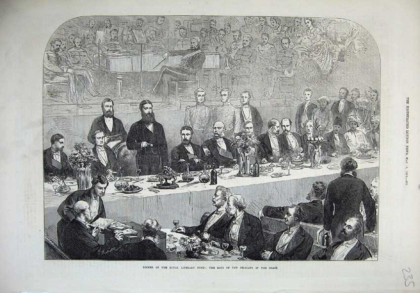 Old Antique Print 1872 Dinner Royal Literary Fund King Belgians Speaker 19th