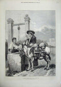 Old Antique Print Alhambra Water Carrier 1872 Man Donkey Boy Well Ansdell 19th