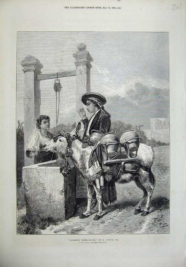 Old Antique Print Alhambra Water Carrier 1872 Man Donkey Boy Well Ansdell 19th