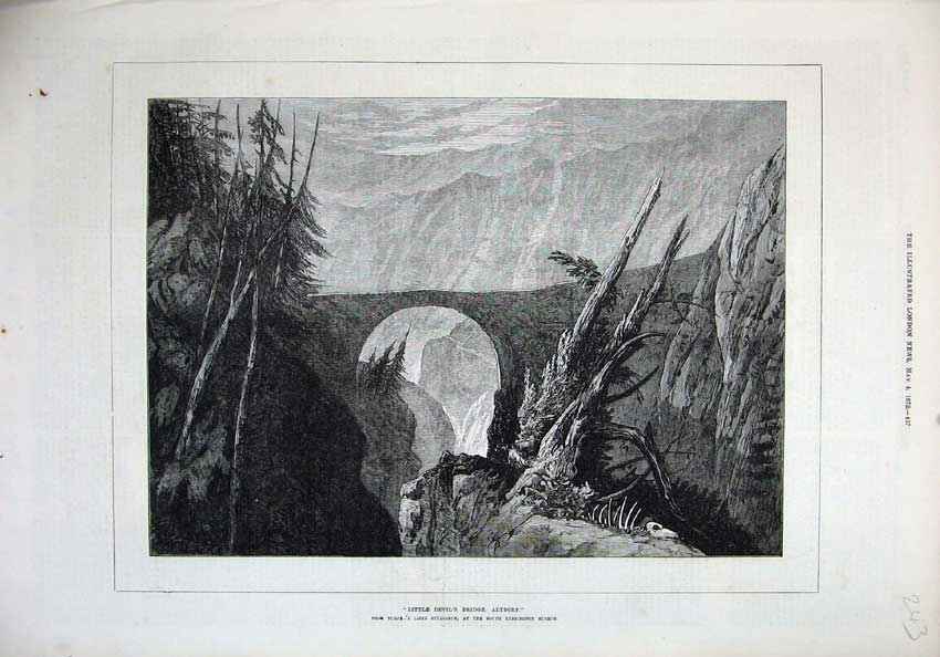 Old Antique Print 1872 Fine Art Little Devil'S Bridge Altdorf Mountains 19th