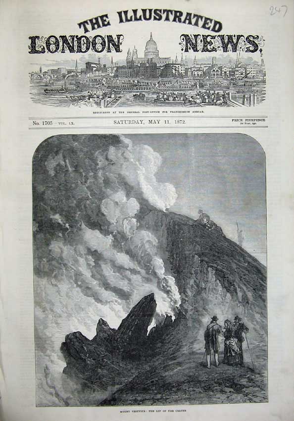 Original Old Antique Print 1872 Mountain Vesuvius Lip Crater Volcano Fine Art