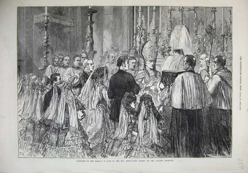 Old Antique Print 1872 Marriage Marquis Bute Gwendaline Howard Brompton 19th