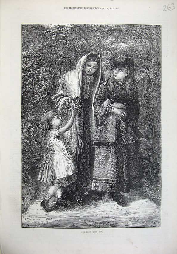 Original Old Antique Print 1872 First Warm Day Children Garden Little Girl 19th