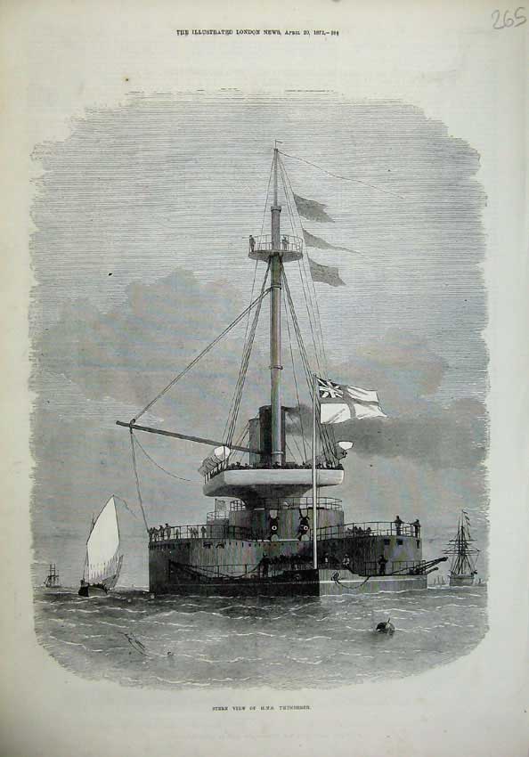 Original Old Antique Print 1872 Stern View H.M.S Thunderer British War Ship