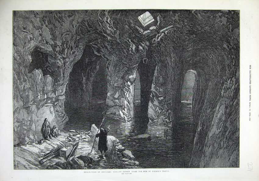 Old Antique Print 1872 Jerusalem Rock-Cut Cistern Solomon'S Temple Cave 19th