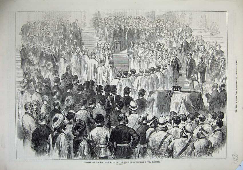 Original Old Antique Print 1872 Funeral Lord Mayo Government House Calcutta