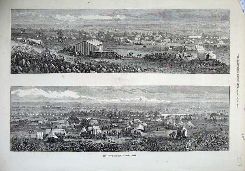 Original Old Antique Print 1872 South African Diamond Fields Camp Horse Cart