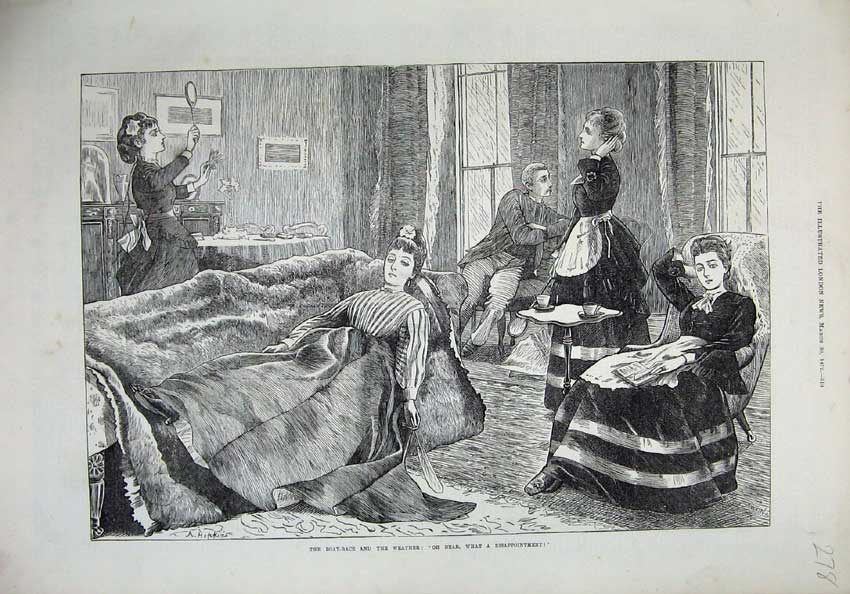 Old Antique Print 1872 Men Women House Sitting Chair Looking Out Window 19th