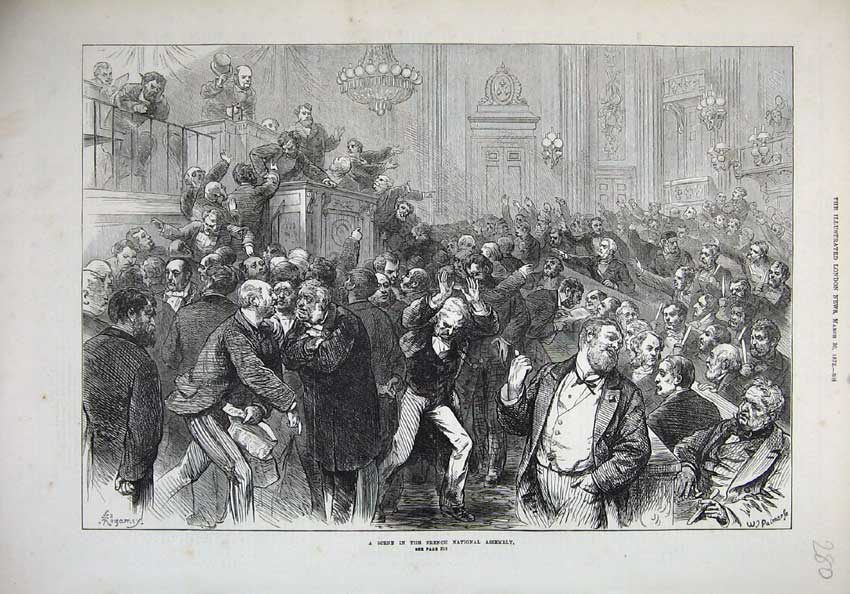 Original Old Antique Print 1872 Scene French Assembly Men Meeting Fighting Art