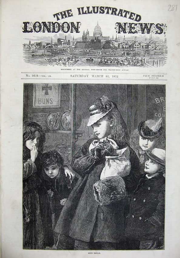 Original Old Antique Print 1872 Good Friday Children Fancy Clothes Fine Art
