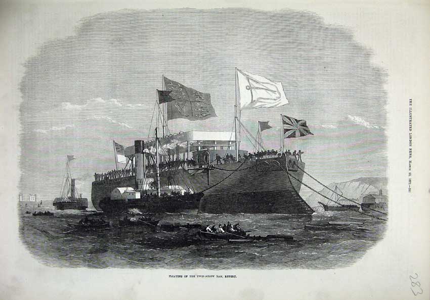 Original Old Antique Print 1872 Floating Twin Screw Sailing Ship Ram Rupert Art