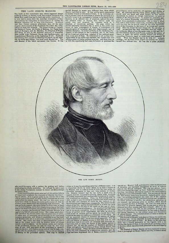 Original Old Antique Print Portrait 1872 Late Joseph Mazzini Man 19th