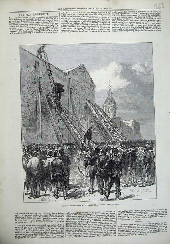 Original Old Antique Print 1872 Testing Fire Escapes Lambeth Hill Thames London