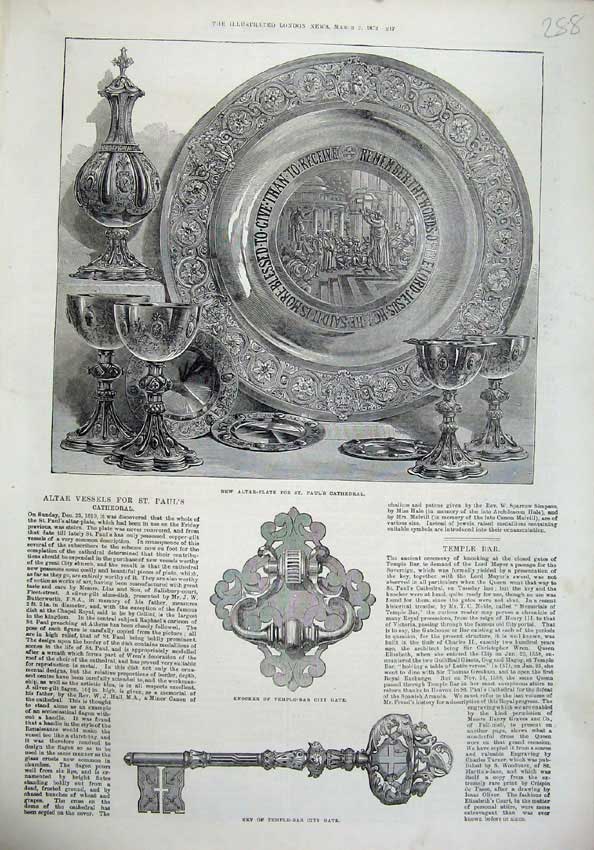 Original Old Antique Print 1872 Altar Plate Paul Cathedral Temple Bar City Gate