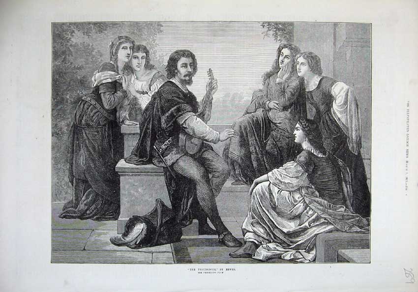 Original Old Antique Print 1872 Troubadour Men Women Music Romance Victorian
