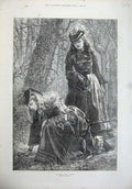 Old Antique Print 1872 Beautiful Young Girls Gathering Wood Violets Trees 19th