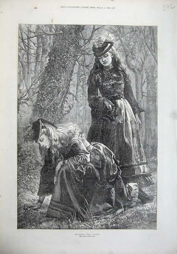 Old Antique Print 1872 Beautiful Young Girls Gathering Wood Violets Trees 19th