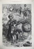 Original Old Antique Print Fruit Sellers Jerusalem 1872 Man Donkey Boy Webb Art