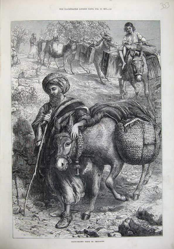 Original Old Antique Print Fruit Sellers Jerusalem 1872 Man Donkey Boy Webb Art