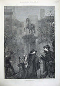 Old Antique Print 1872 Scene Leicester Square London Statue Men Fine Art 19th