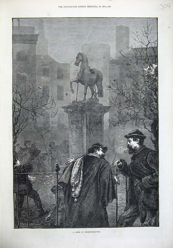 Old Antique Print 1872 Scene Leicester Square London Statue Men Fine Art 19th