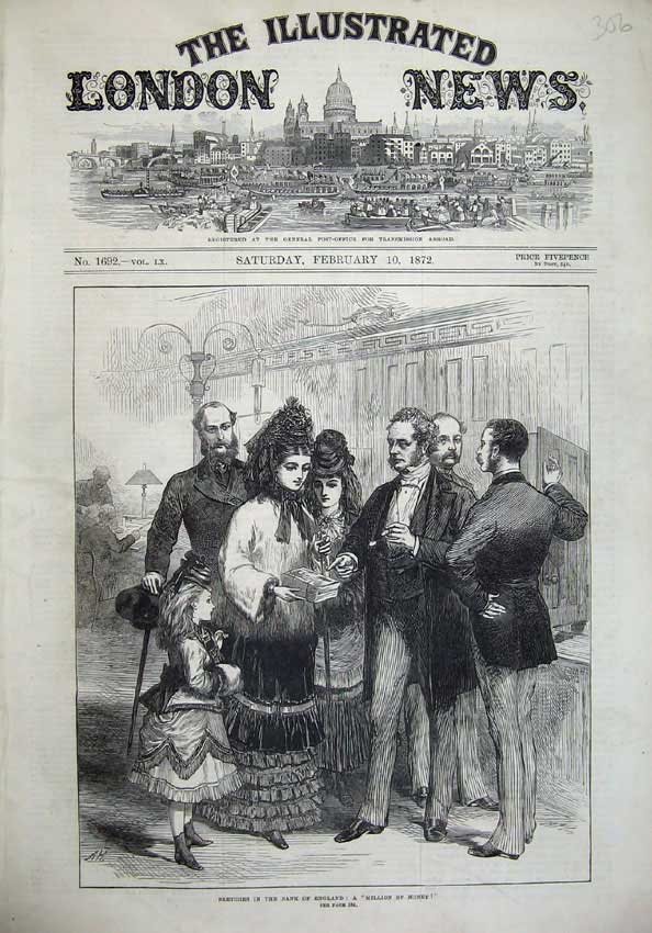 Old Antique Print 1872 Sketch Bank England Million Money Men Women Girl 19th