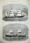 Original Old Antique Print Ships 1872 Bertha Red Cross Line Bull Northumberland