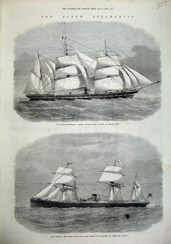 Original Old Antique Print Ships 1872 Bertha Red Cross Line Bull Northumberland