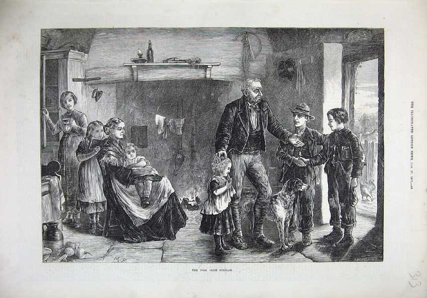 Old Antique Print Fine Art 1872 Poor Irish Scholar Children Teacher Dog 19th