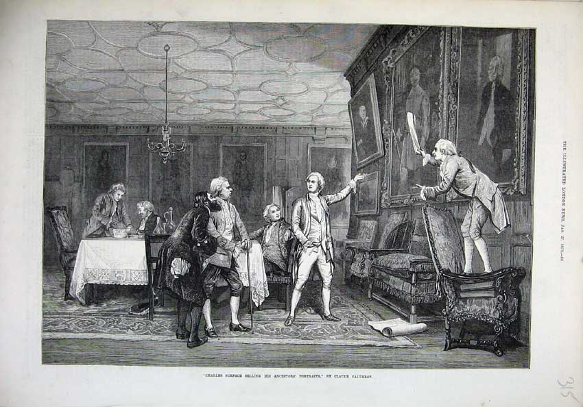 Original Old Antique Print 1872 Charles Surface Selling Portraits Calthrop 19th