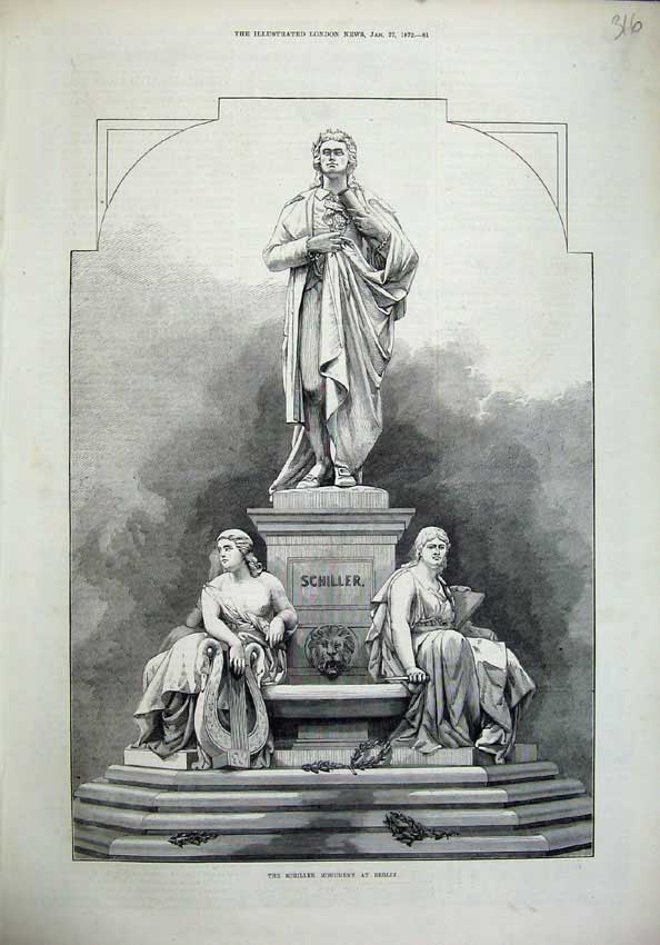 Old Antique Print 1872 Fine Art Schiller Monument Berling Germany Statue 19th