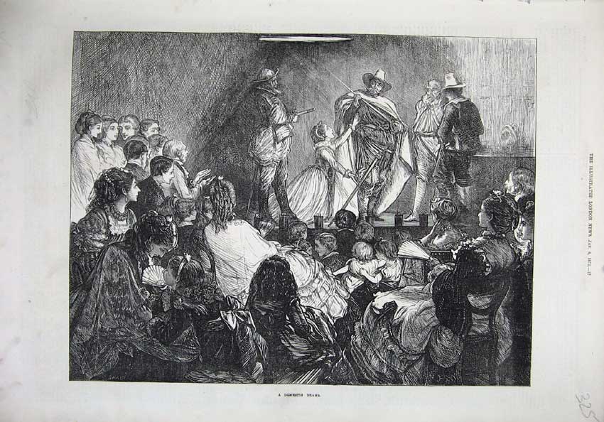 Original Old Antique Print 1872 Domestic Drama Theatre Fine Art Stage Audience